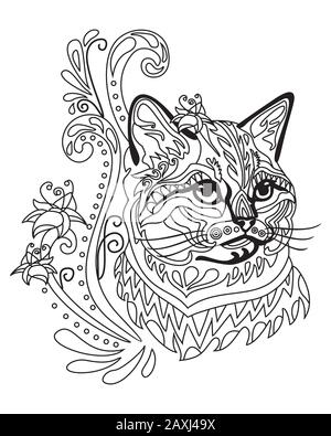 Vector hand drawing zentangle doodle coloring antistress with ornamental british cat portrait isolated on white background. Illustration for decorate Stock Vector