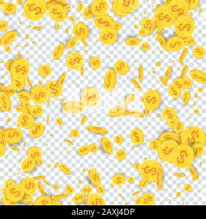 Spinning flying gold coins on transparent background. Stock Vector