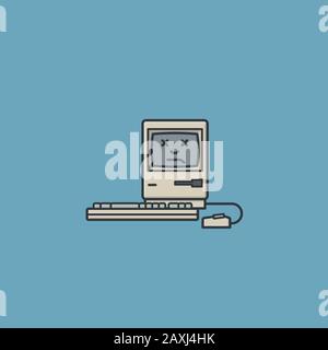 Vintage personal computer not working, dead face on screen, vector illustration for Old Stuff Day on March 2nd. System crash symbol. Stock Vector