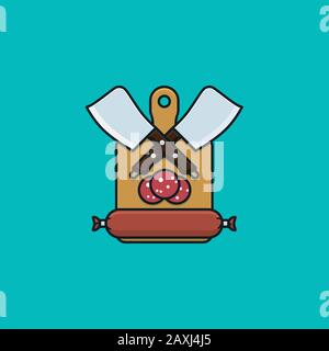 Chopping board, butcher knives and sausage vector illustration for Cold Cuts Day on March 3rd. Meat color symbol. Stock Vector