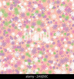 pink egg hunt themed seamless vector pattern with scattered eggs and flowers Stock Vector