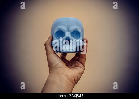 Skull printed on 3d printer in man's hand. Progressive modern additive technology Stock Photo