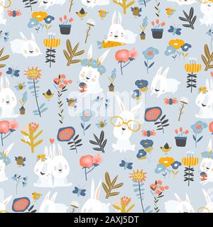 Seamless pattern of cute cartoon bunnies and color flowers on blue background Stock Vector