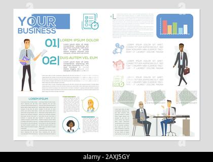 Your business article - colorful vector brochure template with text blocks and characters. Flyer layout with international office workers, colleagues, Stock Vector