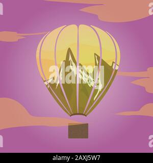 Aerostat and nature double exposure - animal silhouette with mountain landscape and sun. Modern trendy illustration for logo. Vector. Stock Vector