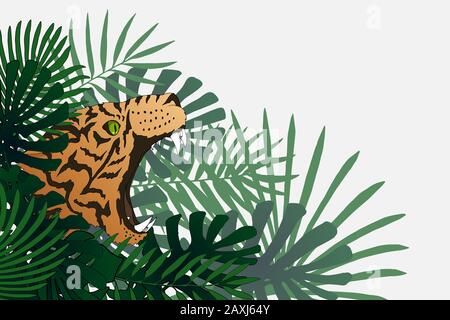 Fantasy tropical world. Vector border with tiger and exotic plants Stock Vector