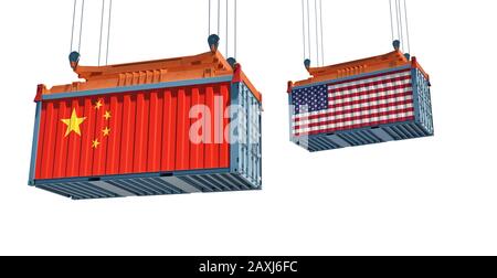Freight container with USA and China flag. 3D Rendering Stock Photo
