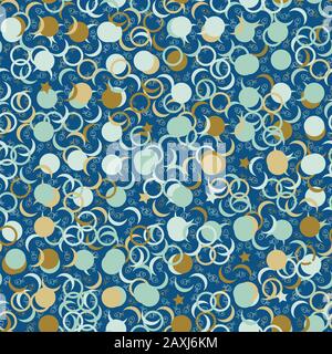 moons planets and doodle spacecrafts seamless vector pattern in blue teal and yellow Stock Vector