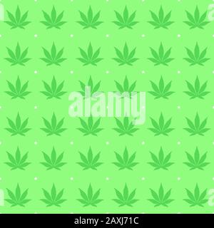 Repeating cannabis leaf pattern. Seamlessly tiles for wallpapers, fabric printing, and embroidery. Green leaves/white stars on a green background. Stock Vector