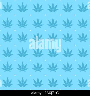 Repeating cannabis leaf pattern. Seamlessly tiles for wallpapers, fabric printing, and embroidery. Blue leaves/white stars on a blue background. Stock Vector