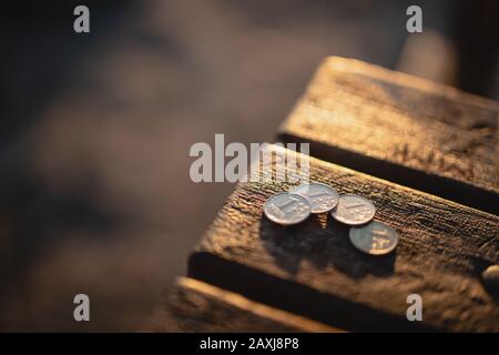 Loose change, coins on the table. Finance and economy concept. Stock Photo