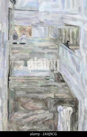 watercolor illustration: Entrance area with light shaft, open construction with cement and concrete Stock Photo