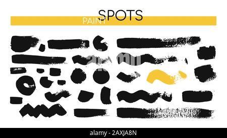 Black paint spots - set of isolated design elements on white background. A collection of ink paintings, abstract textures, lines, waves and curves. Fr Stock Vector