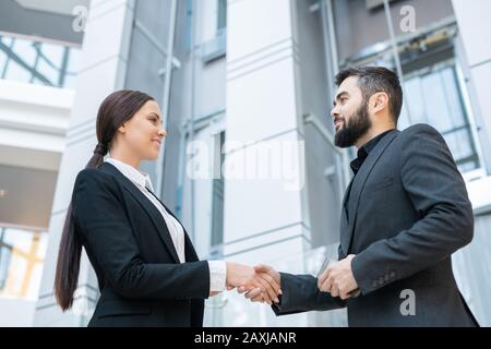 Below view of smiling lady handshaking with new business partner while greeting him in office Stock Photo