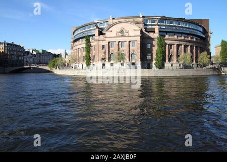 Parliament of Sweden - governmental building at Helgeandsholmen island in Stockholm. Stock Photo