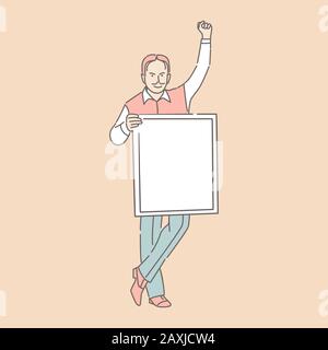 Smiling man in casual clothes holding card and raising hand up vector illustration. Cartoon outline character isolated on pink. Activism, demonstration, advertising, protesting placard concept. Stock Vector