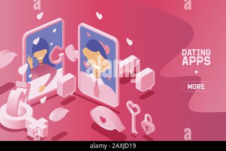Dating application website template with text. Isometric vector illustration of smiling man and woman profiles surrounded love signs. Hearts, keys, male and female signs isolated on pink background.