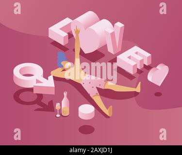 Vector isometric illustration of happy laying man with wine bottle and glass of wine, choosing a couple among love word and male sign. Dating application banner template. Stock Vector