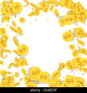 Spinning flying gold coins on white background. Stock Vector