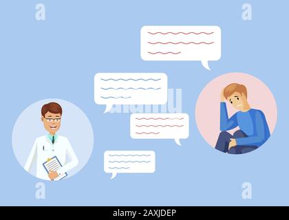 Doctor and patient characters in round-shaped frames exchanging messages flat vector concept. Happy doctor and sad man having depression treatment illustration with communication speech bubbles. Stock Vector