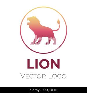Lion logo vector design template. Logotype with growling king lion in circle and typography isolated on white background. Leadership, championship, winner, success achievement minimalistic symbol. Stock Vector