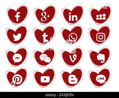 Collection of popular social media icons on a white background. 16 pieces. Hearts doodles icons. Red color Stock Vector