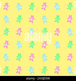 Repeating bear and star pattern. Seamlessly tiles for wallpapers, fabric printing, and embroidery. Multicolored bears and small, white stars. Stock Vector