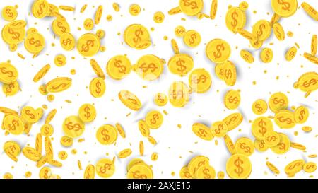 Spinning flying gold coins on white background. Stock Vector