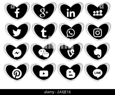 Collection of popular social media icons on a white background. 16 pieces. Hearts doodles icons. Black Stock Vector