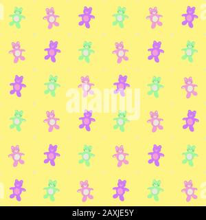 Repeating bear and star pattern. Seamlessly tiles for wallpapers, fabric printing, and embroidery. Multicolored bears and small, white stars. Stock Vector