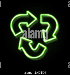 Green neon light recycle symbol sign isolated on black background. Glowing led illuminated recycle ecology icon. Waste triangle eco arrow Save environ Stock Vector