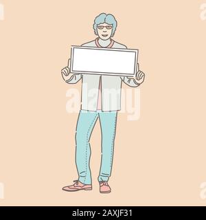 Smiling young man in casual clothes holding placard vector illustration. Outline cartoon activist character with banner for demonstration, advertising, protesting and text space isolated on pink. Stock Vector