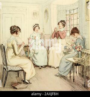 Quality street : a comedy in four acts . Miss Fanny is reading aloud from a librarybook while the others sew or knit. I.] Qtiality Street MISS FANNY {Defending her sister) Miss Susan, I protest. MISS WILLOUGHBY {Sternly triit/iful) Nay, sister, tis true. Weare known everywhere now, Susan, you and I,as the old maids of Quality Street. {Generaldiscomfort) MISS SUSAN I am happy Phoebe will not be an oldmaid. MISS HENRIETTA {IVistfidly) Do you refer, Miss Susan, toV. B. ? (miss SUSAN smiles happily to herself) MISS SUSAN Miss Phoebe of the ringlets as he has calledher. MISS FANNY Other females bes Stock Photo