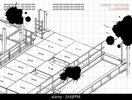 Building. Metal constructions. Volumetric constructions. 3D design. Abstract. Draft. Black Ink. Blots Stock Vector