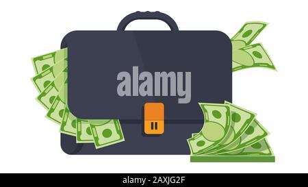 Black male business bag or briefcase in black leather with money. Stock Vector