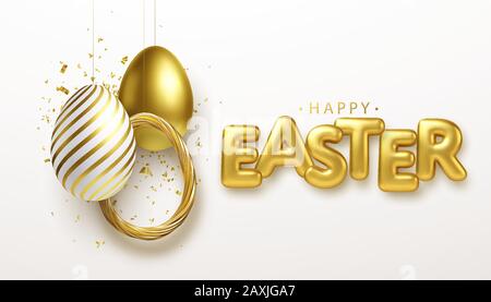 Happy Easter lettering background with 3D realistic golden glitter decorated eggs, confetti. Vector illustration Stock Vector