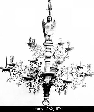 Dinanderie; a history and description of mediæval art work in copper, brass and bronze . Fig. 47.—Chandelier, Temple Church, Bristol chandelier in the Victoria and Albert Museum (Plate XXVI.),but whence it came seems uncertain.. Il.AlE XX[ CIIAXDELIEU, IX THE V. AXD A. MUSEUM &lt;^ ^-^