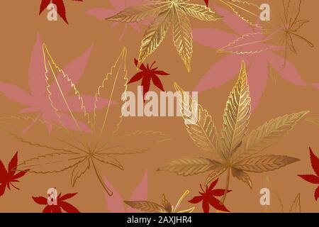Seamless pattern of gold cannabis leaves. Pattern of yellow orange marijuana leaf. Stock Vector