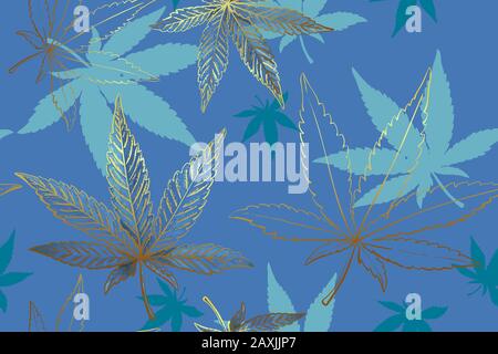 Seamless pattern of gold cannabis leaves. Pattern of blue marijuana leaf. Stock Vector