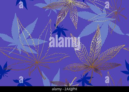 Seamless pattern of gold cannabis leaves. Pattern of blue or lilac marijuana leaf. Stock Vector