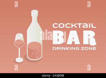 Coctail bar banner design concept. Vector illustration of wine bottle and glass of wine with text space isolate on pink background. Drinking zone, alcohol drinks poster design. Stock Vector
