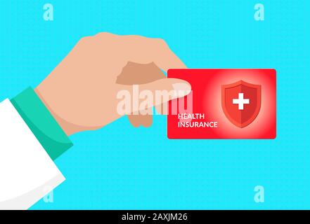 Doctor hand holding medical health insurance red card. Healthcare service concept isolated vector illustration Stock Vector