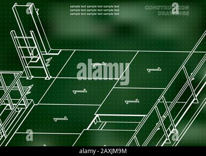 Building. Metal constructions. Volumetric constructions. 3D design. Green background. Points Stock Vector