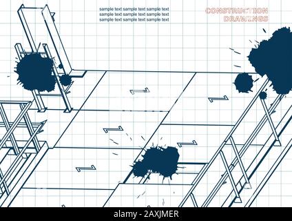 Building. Metal constructions. Volumetric constructions. 3D design. Draft. Ink. Blots Stock Vector