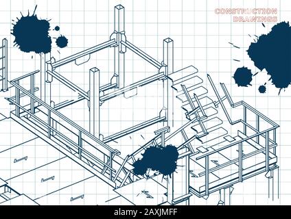 Building. Metal constructions. Volumetric constructions. Draft. Ink. Blots Stock Vector