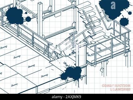 Building. Metal constructions. Volumetric constructions. 3D design. Abstract backgrounds. Draft. Ink. Blots Stock Vector