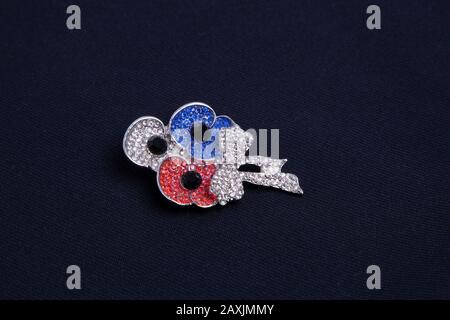 Poppy Day Crystal Brooch in Red White and Blue on a Black background. Stock Photo