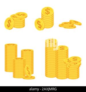 Set of stacks of gold dollar coins on white background. Stock Vector