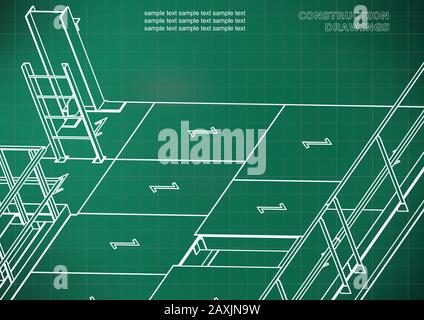 Building. Metal constructions. Volumetric constructions. 3D design. Light green background. Grid Stock Vector