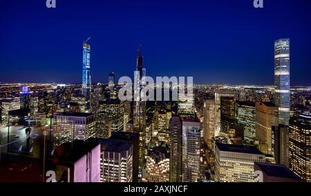 NEW YORK CITY, NY - FEBRUARY, 03: Amazing panorama view of New York city skyline and skyscraper at sunset on February 03, 2020 in New York City. Stock Photo